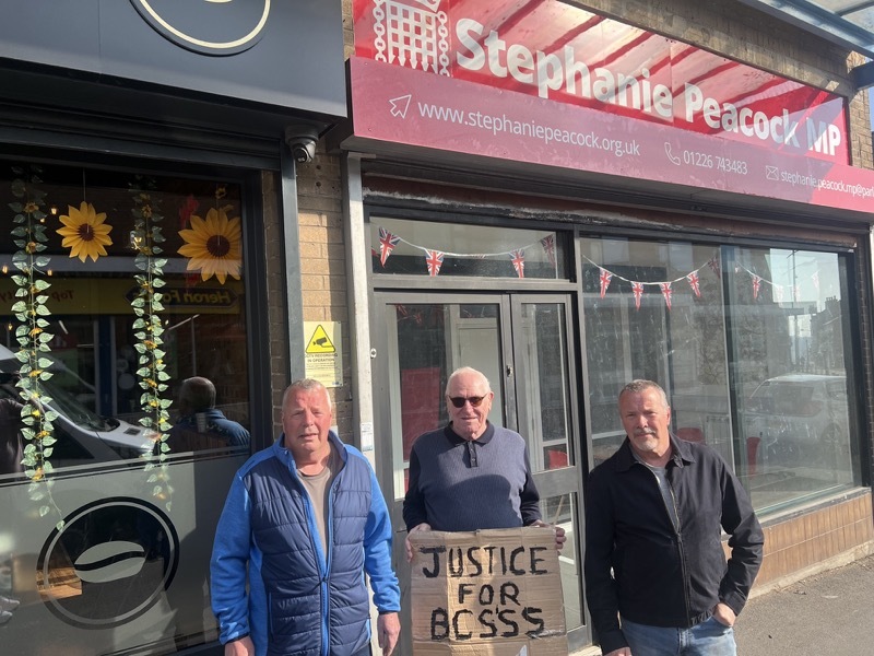 JUSTICE: Richard and Gerald O’Brien with John Musgrave outside Stephanie Peacock’s office.
