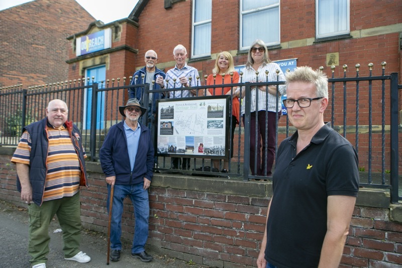 Darton from the past: A series of history panels have been located around Darton and Kexborough thanks to the efforts a local history group, and the Outreach church pictured are Pastor Jeff Baxter, Coun Steve Hunt, Roy Humphreys Alan Keys, Barbara Briscoe and Tracey Thistlewood. Picture Shaun Colborn PD092426
