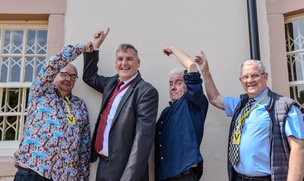 BLUE PLAQUE: Steve Tindale, Coun Kevin Osborne, Ian McMillan and Ken Brookes. Picture: Andrew Copley.