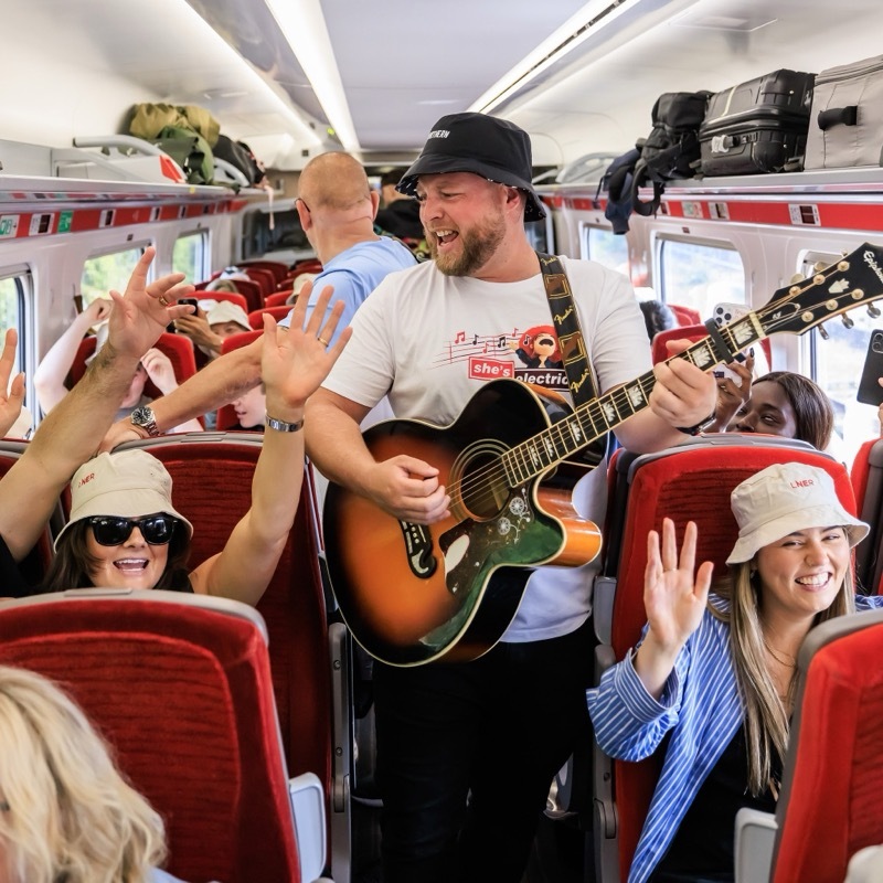 BIBLICAL: Kieran La Fox performing for passengers.