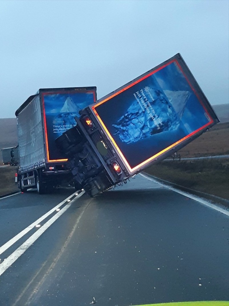 Main image for High winds cause road closure as HGV overturns