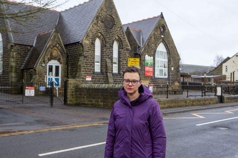 Reduce speed call: Coun Hannah Kitching outside Millhouse primary school where the road speed still hasn’t been reduced. picture Shaun Colborn PD092775
