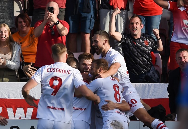Barnsley celebrate last season's win at Exeter