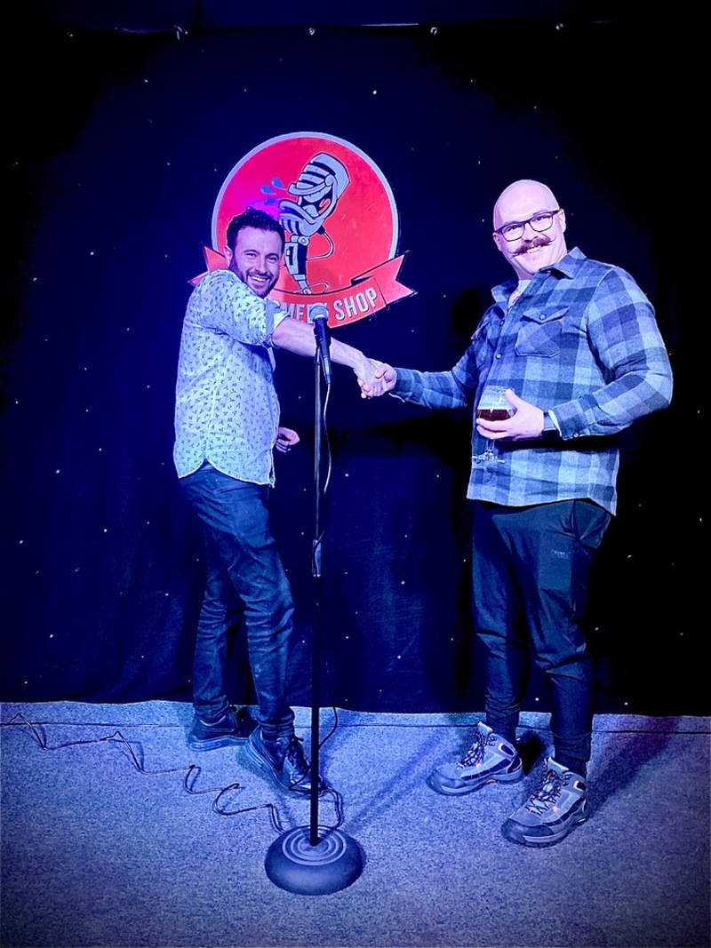 WINNER: Andy Mitchell (left) congratulates winner Marty Riley.