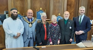 MEMORIAL: Barnsley Imam Abdul Aziz, Mick Stowe Barnsley Mayor, Elaine Stowe Mayor's consort, Jane Ginsborg chair Seven Hills Shul, William Shaw Baptist chaplain, Oliver Coppard South Yorkshire mayor.