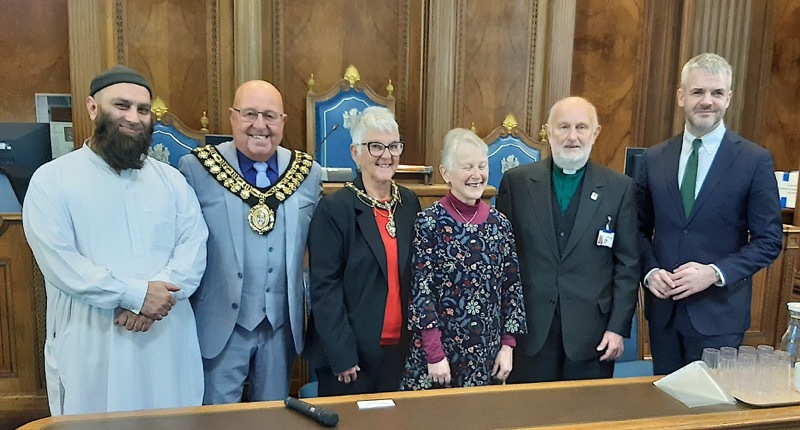 MEMORIAL: Barnsley Imam Abdul Aziz, Mick Stowe Barnsley Mayor, Elaine Stowe Mayor's consort, Jane Ginsborg chair Seven Hills Shul, William Shaw Baptist chaplain, Oliver Coppard South Yorkshire mayor.