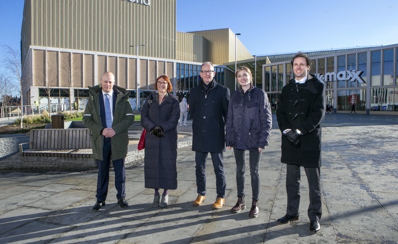Mat Wright, artistic director of Barnsley Youth Choir, Sarah Norman, chief executive of Barnsley Council, Cllr Sir Steve Houghton CBE, leader of Barnsley Council, Dehenna Davison MP, Minister for Levelling Up, and Matt O’Neill, Barnsley Council Executive Director of Growth and Sustainability. 