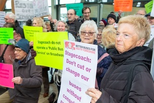 INTERCHANGE PROTEST: Ronnie Steele along with approx 60-80 bus protesters descended on the interchange to make their feelings known to the stagecoach company at planned route closures. Picture Shaun Colborn PD092837