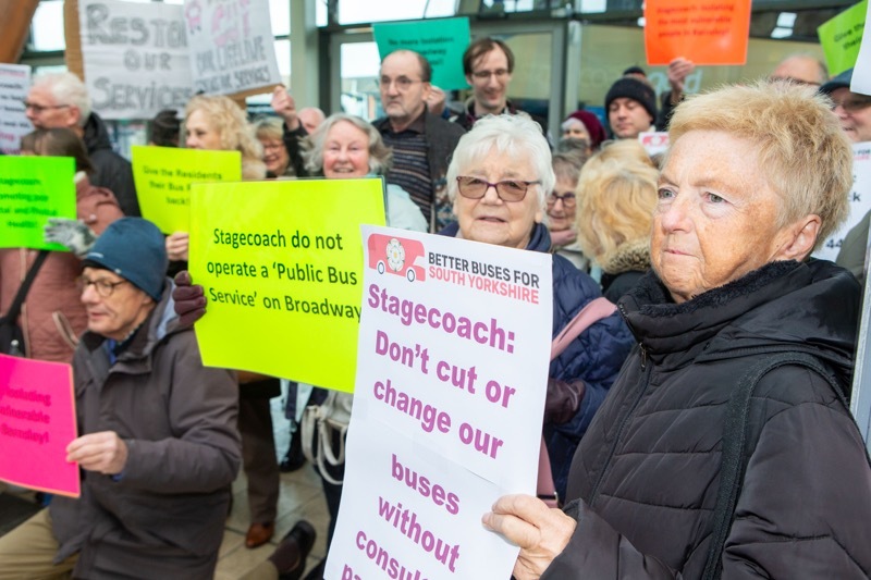INTERCHANGE PROTEST: Ronnie Steele along with approx 60-80 bus protesters descended on the interchange to make their feelings known to the stagecoach company at planned route closures. Picture Shaun Colborn PD092837