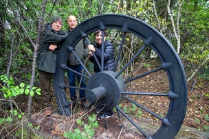 PIT WHEEL: The hidden Birdwell pit wheel, Coun Andy Wray would like to see re-sited along with Keith and Val Taylor