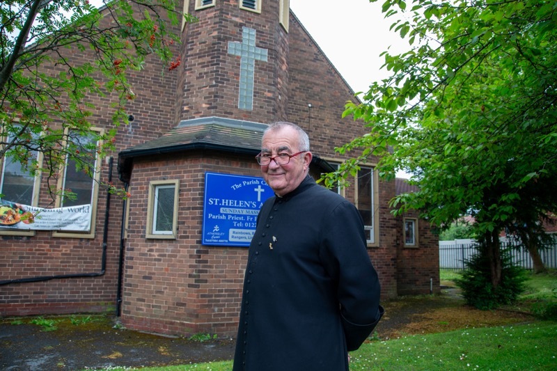 LANDMARK CELEBRATION: Fthr Needham outside St Helen’s Church Laithes Lane Athersle. Picture Shaun Colborn PD093302