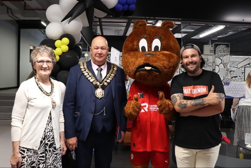 OPENING: Mayor Dave Leech, Mayoress Alison, Toby Tyke and Adam Briscoe.