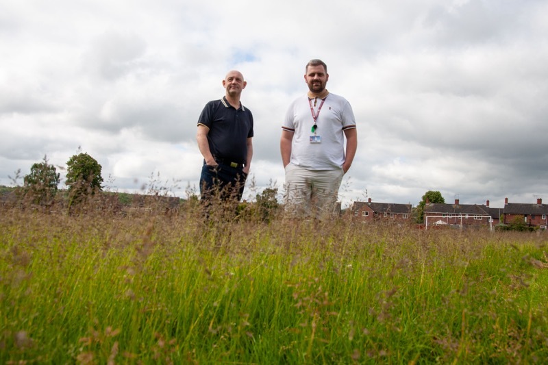 LONG GRASS: Dissapointed and frustrated at the councils plans not to cut grass has led coun Jake Lodge and football manager Mark Booth to demonstrate just how bad the problem is. Picture Shaun Colborn PD093270