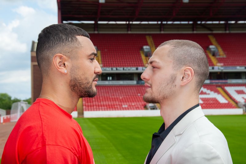 Callum Simpson and Zak Chelli square up. Picture: Shaun Colborn.