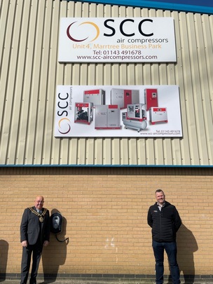 Mayor Mick Stowe with Nigel Palmer, managing director for SCC Air Compressors UK.