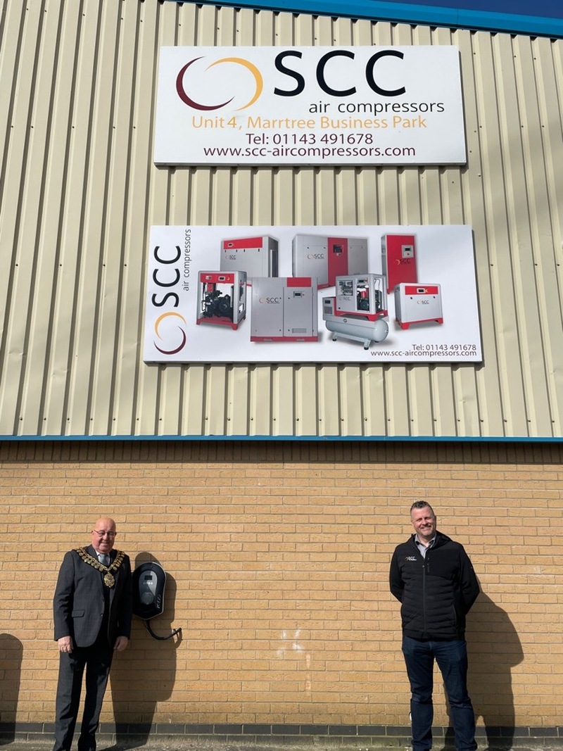 Mayor Mick Stowe with Nigel Palmer, managing director for SCC Air Compressors UK.