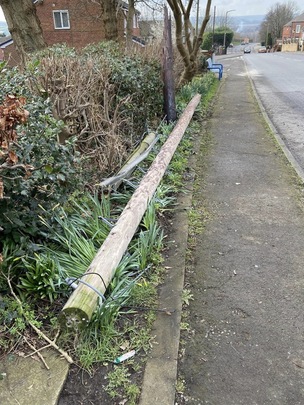 AFTERMATH: One of the telegraph poles which was knocked down last week.
