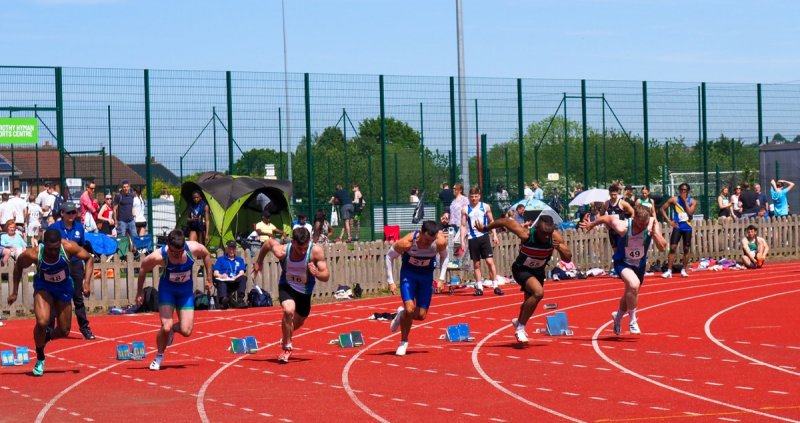 WInner: Joe Ferguson, second from the left, at Dorothy Hyman Stadium. Picture: Andrew Copley.