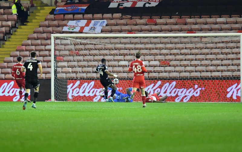 Victor Adeboyejo scores at Oakwell in March