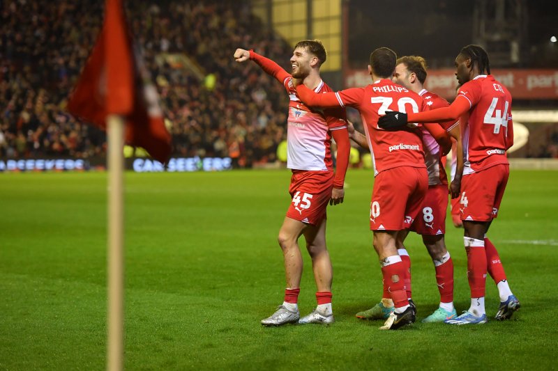 Barnsley celebrate their opener in the home game in March