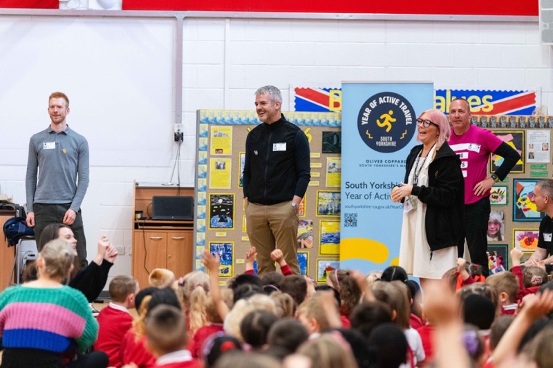 WALK AND WHEEL: Ed Clancy and Oliver Coppard speaking to pupils on the day.