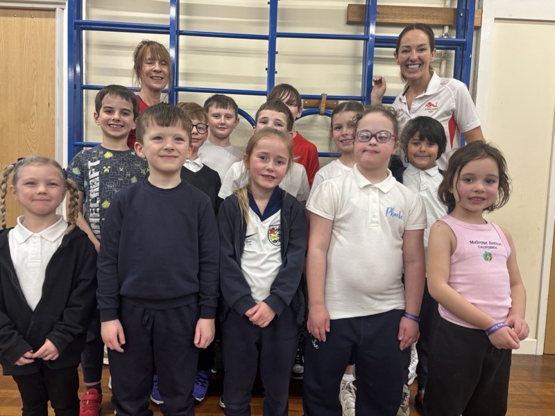 VISIT: Rebecca Cale and Jenny Wallwork with pupils from St Helen’s Catholic Primary School.