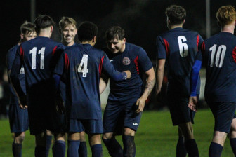 Derby win: Worsbrough Bridge celebrate their win over Wombwell Town. Pictures: Mia Durkin.