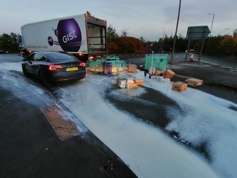 Main image for Lorry drops trailer full of milk at Barnsley roundabout
