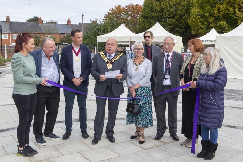 New Square: Mayor of Barnsley Coun Michael Stowe officially cut the ribbon to open the new Goldthorpe square