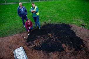 Coun Leech, Tattersall and Wright survey the damage done to a children’s play area just hours after installation. Picture Shaun Colborn PD094561