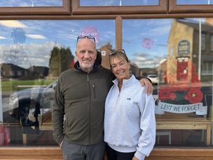 Brian Drummond and Sandra Hall, pictured at the Remembrance display, outside of Drummond’s Cafe.
