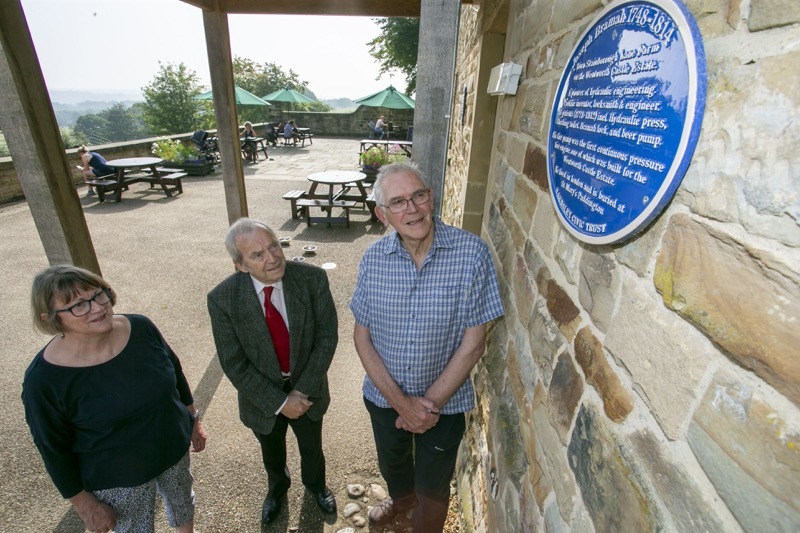 Joseph Brammah Blue Plaque: Barnsley civic trust members were on hand to preview the blue plaque due to be officially unvield next week, Picture were John Love, Allen Parks and Linda Burgess. Picture Shaun Colborn PD092497