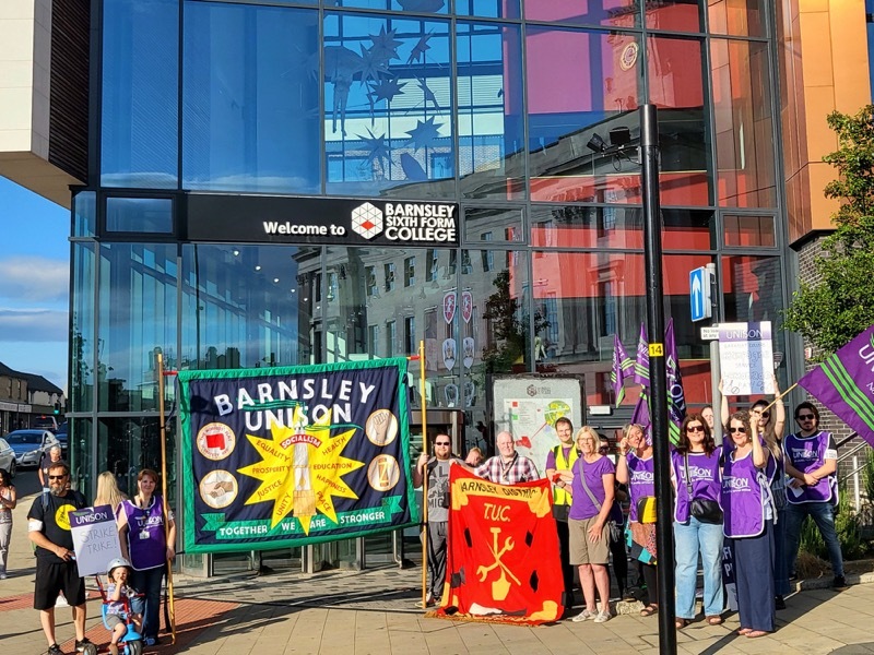 Strikers gathered outside the Barnsley College Sixth Form building on St Mary’s place