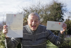 Red Letter Day: Dickie Bird and his best wishes letter from Her Majesty the Queen. Picture Shaun Colborn PD089630