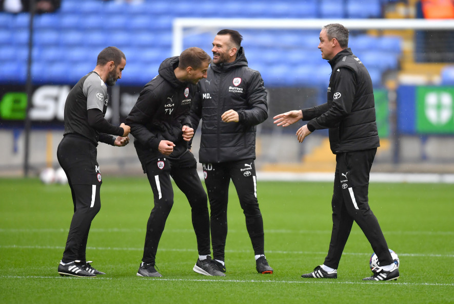 Familiar faces: Martin Paterson, Martin Devaney and Michael Duff were the Reds’ coaching team in the 2022/23 season and will be in the opposite dugout for different teams in the next three games.  Also pictured is analyst Tom Yeomans.